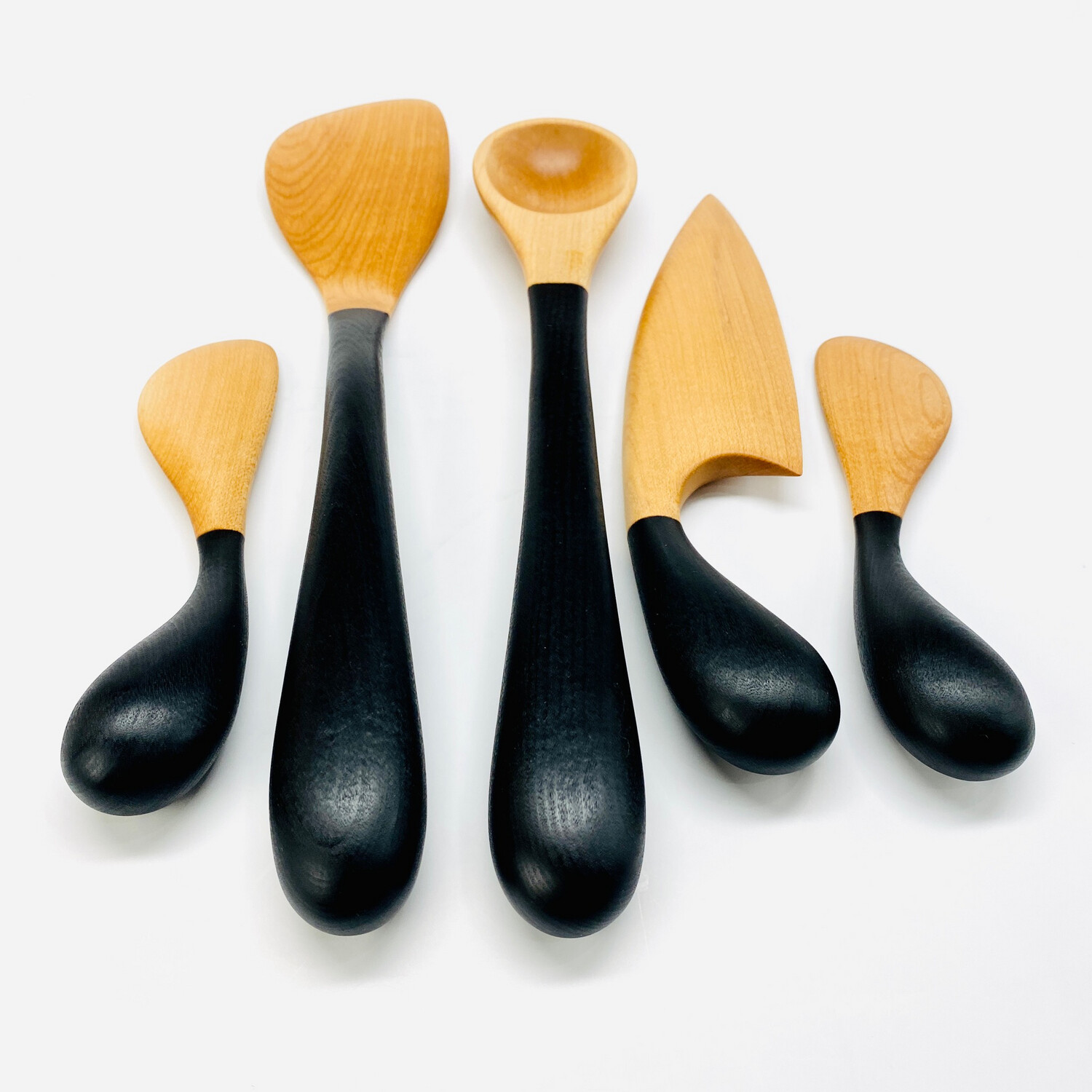 Blackened Maple Cooking Spoon and Spatula, Cheese Knife And 2 Spreaders Set 