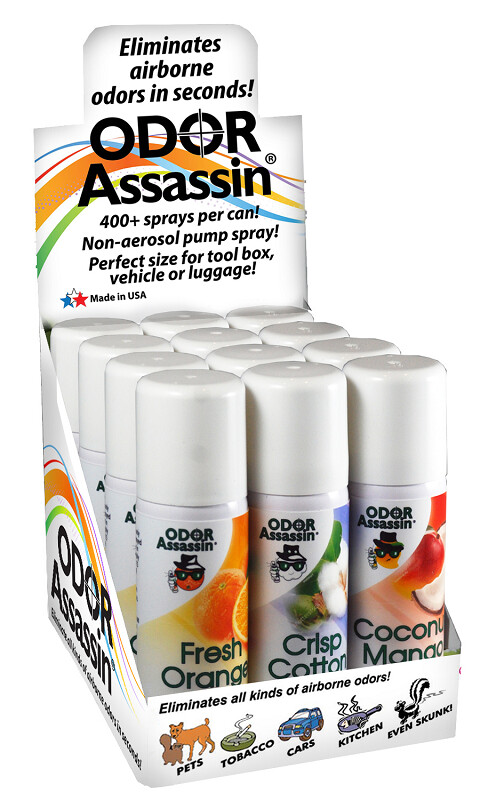Odor Assassin 2.2 oz Travel Spray Case - Fresh Orange, Crisp Cotton & Coconut Mango (12 per case)
