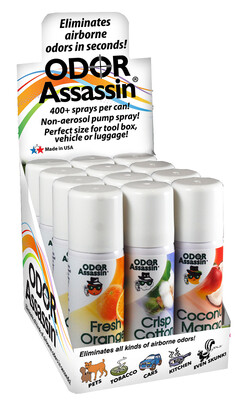 Odor Assassin 2.2 oz Travel Spray Case - Fresh Orange, Crisp Cotton & Coconut Mango (12 per case)
