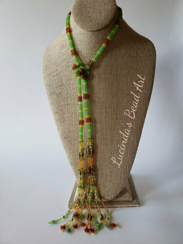 Tubular Stitch Lariat Necklace Green, Yellow, Blue, Brown