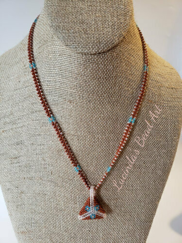 Peyote Triangle Necklace in Brown, Blue, and Light Peach