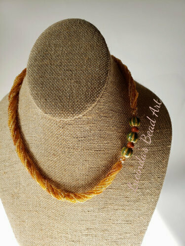 Tree Frog Seed Bead Necklace in Topaz, Golds, Brown and Green