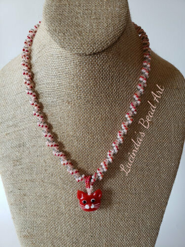 Spiral Seed Bead Necklace in Pink, Red and Gray with 2 pendants