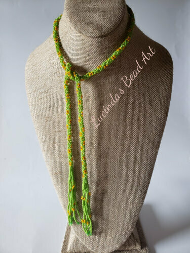 Lariat Seed Bead Necklace in Green with Yellow Flowers