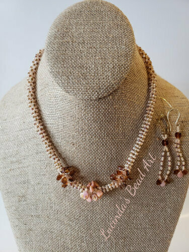 Tubular Seed bead Necklace and Earrings in Peach and Rainbow Frost Brown