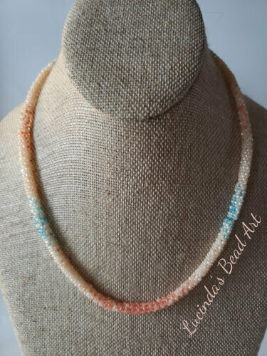 Tubular Seed Bead Necklace in Peach, Orange and Blue