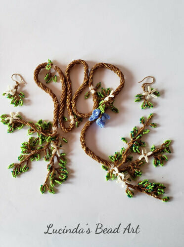 Woodland Seed Bead Lariat with Dangling Leaves