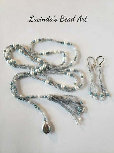 Woven Lariat in Sliver Blue and White with a Coin Pearl