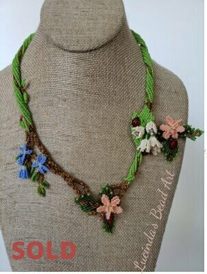 Woven Flowers and Ladybug Necklace with Brooch
