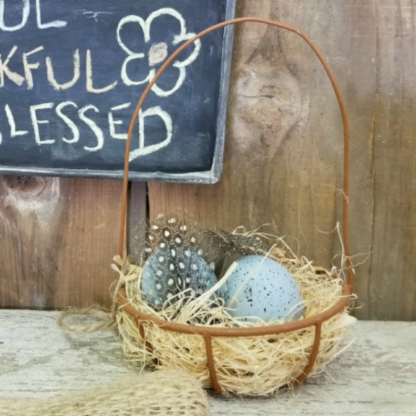 Metal Basket with Feathers and Blue Eggs Ornament