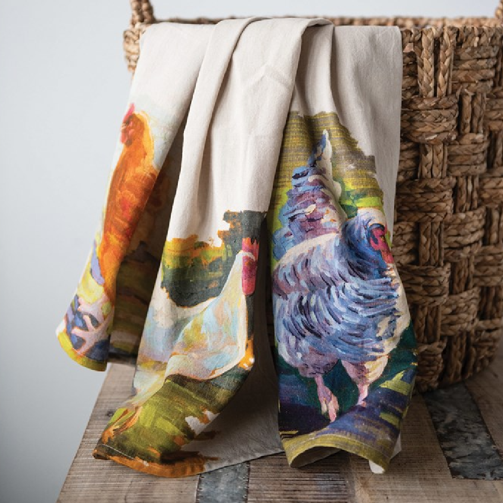 Creative Coop Cotton Chambray Tea Towel with Chicken Image, 3 Styles