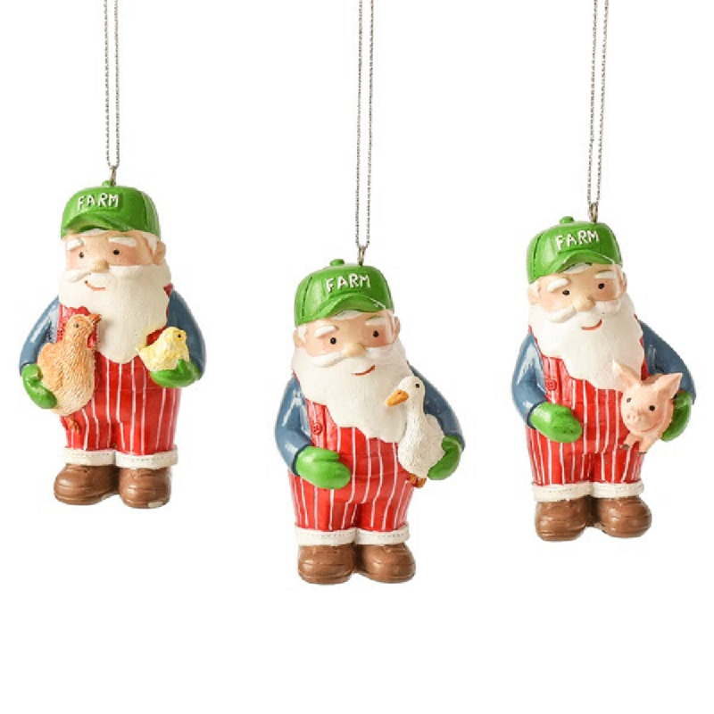 Santa Farmer Ornament with Assorted Animals, Set of 3