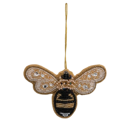 Beaded Fabric Bee Ornament, Gold or Silver