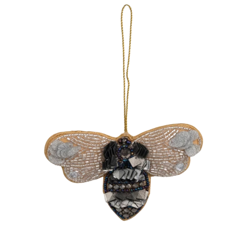 Beaded Fabric Bee Ornament, Gold or Silver