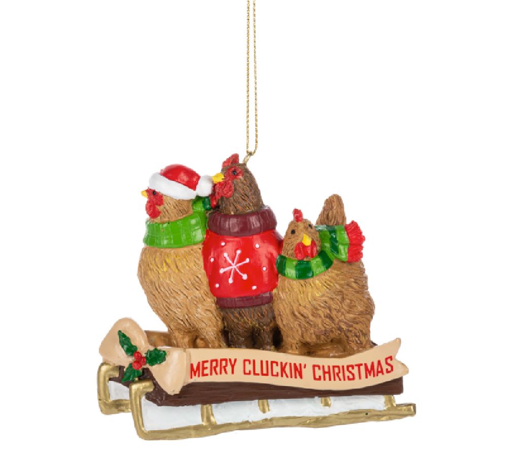 Merry Cluckin' Christmas ornament featuring three chickens in sweaters and scarves on a wooden sled with gold runners.