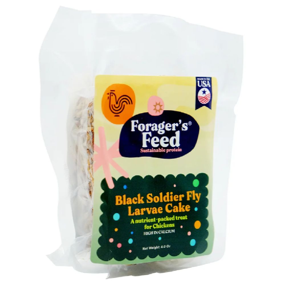 A 4-ounce Forager's Feed Black Soldier Fly Larvae Cake in its clear vacuum-sealed packaging, featuring a colorful label with 