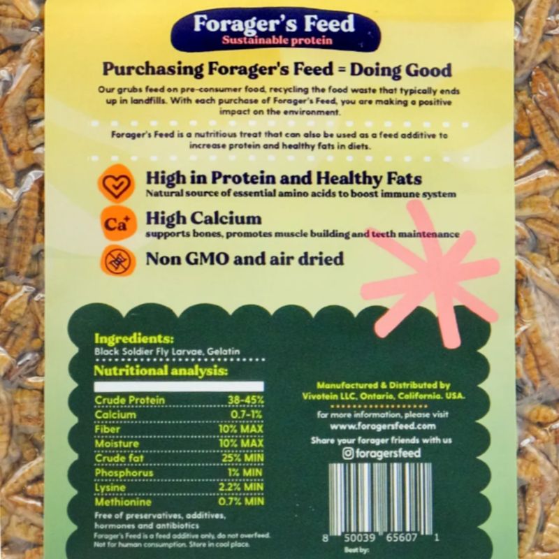 Close-up of the Forager's Feed Black Soldier Fly Larvae Cake back label, showing detailed nutritional analysis, black soldier