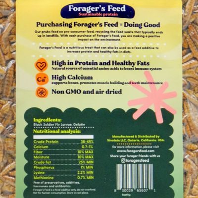 Close-up of the Forager's Feed Black Soldier Fly Larvae Cake back label, showing detailed nutritional analysis, black soldier