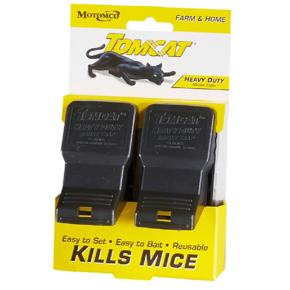 Two black Tomcat Heavy Duty Mouse Traps in yellow retail packaging with a black cat icon and Kills Mice text.