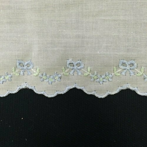 238 White Swiss Edging with embroidered baby blue bows and scalloped edge  (Priced Per Yard)