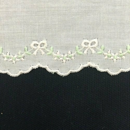 255 White Swiss Edging with embroidered very light pink bows and scalloped edge (Priced Per Yard)