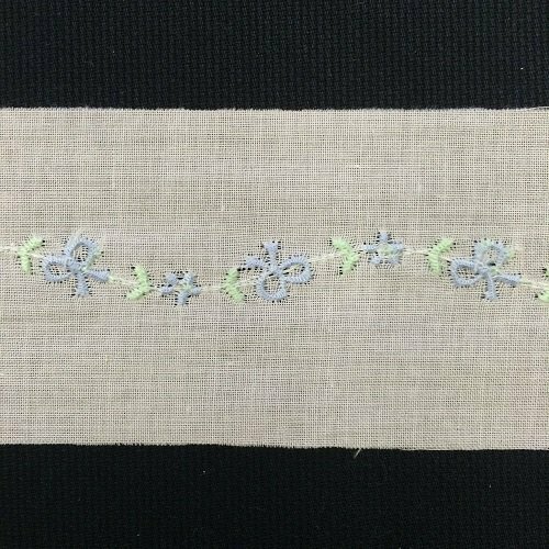 237 White Swiss Insertion Trim with embroidered blue bows  (Priced Per Yard)