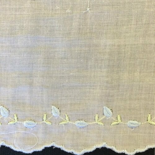 158 White Swiss Trim Edging with embroidered light blue rosebuds and light blue scalloped edge (Priced Per Yard)