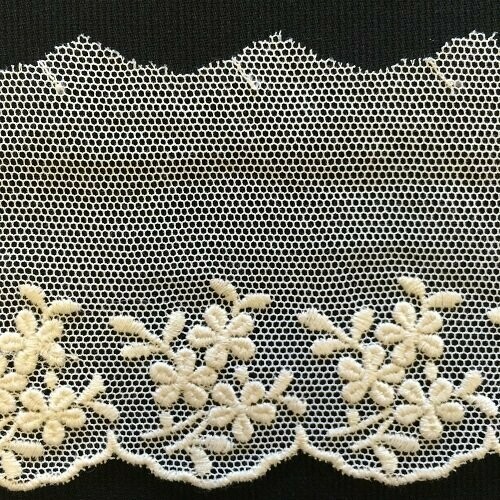 234 White Netting with ecru embroidered flowers (Priced Per Yard)