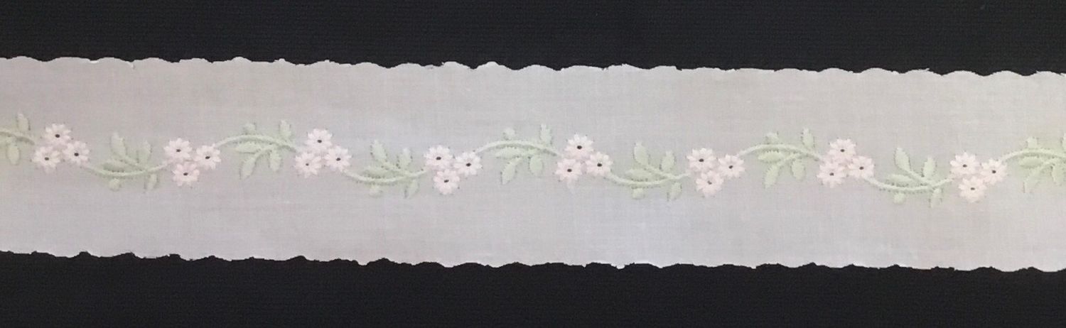 179 White Swiss Insertion Trim with embroidered light pink flowers (Priced Per Yard)