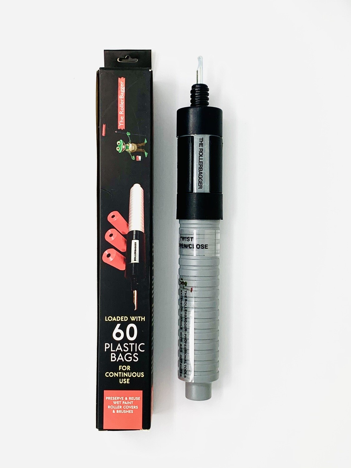 The RollerBagger Paint Roller Frame Extension Handle Bag Dispenser