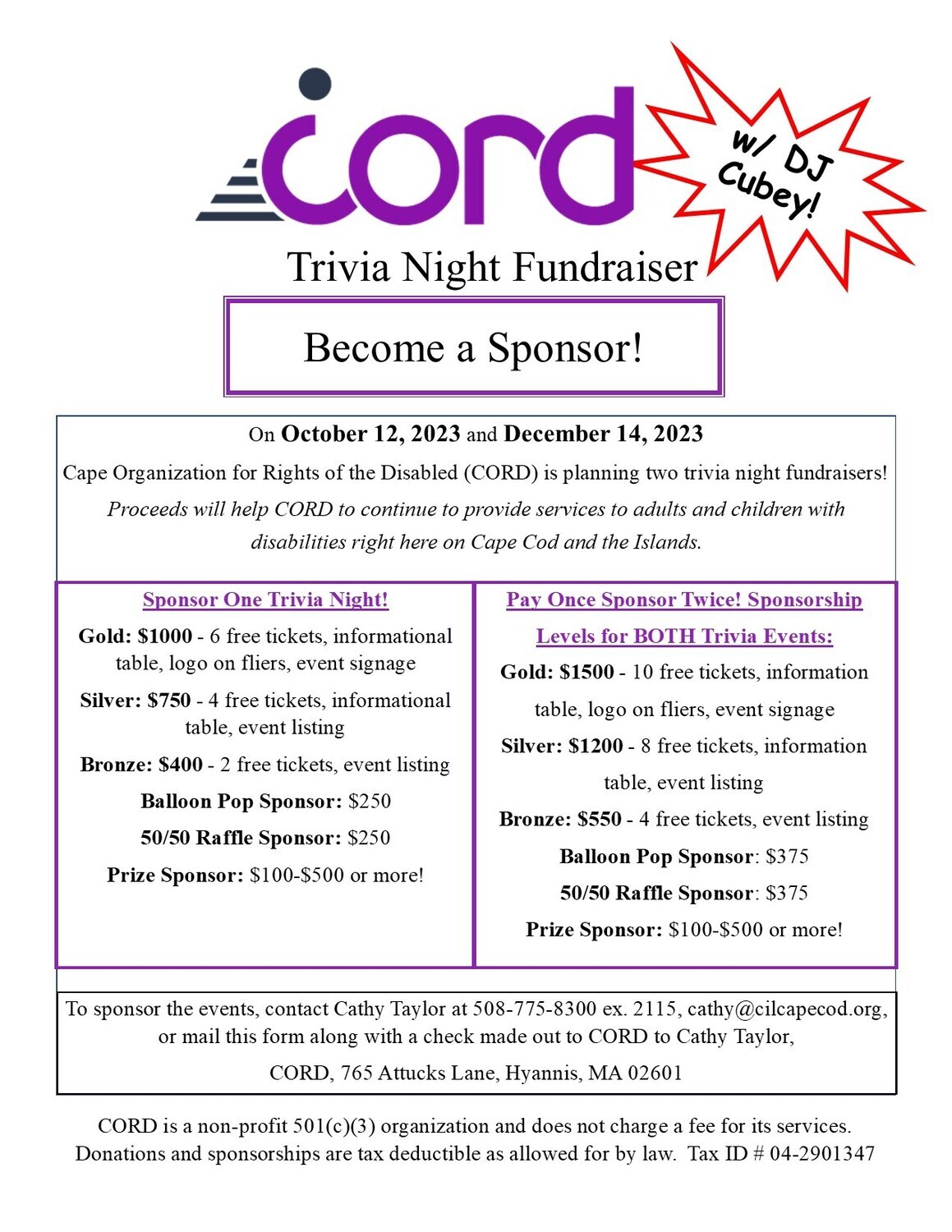 CORD Trivia Night 50/50 Raffle Sponsorship Dec 14 only