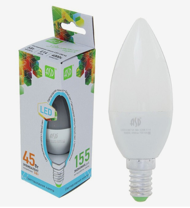 Лампа светодиодная ASD LED-СВЕЧА-standard, Е14 Вт, 230 В, 4000 К, 480 Лм - белый свет