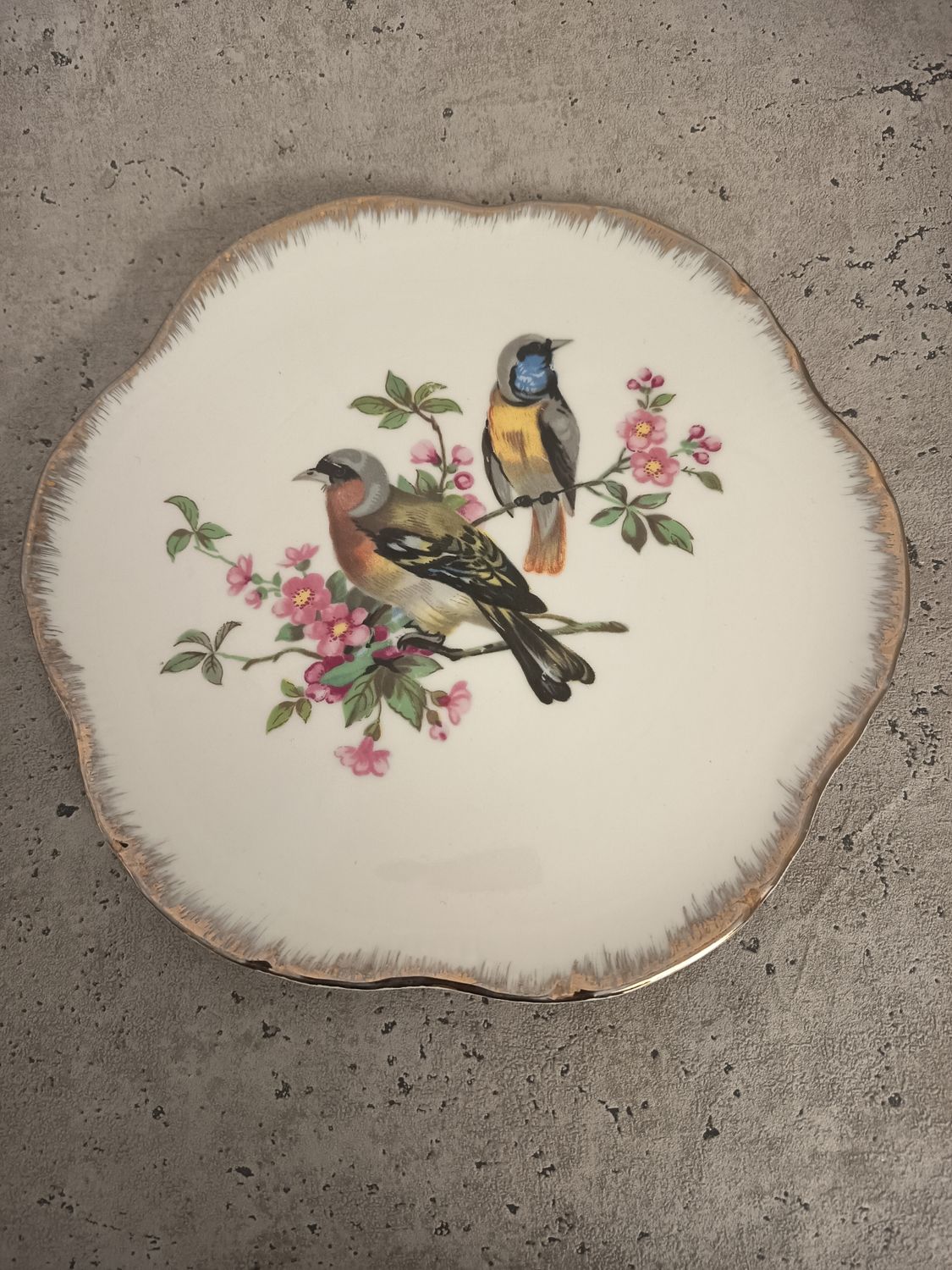 Vintage Porzellanteller mit Vogelmotiv &amp; Goldrand