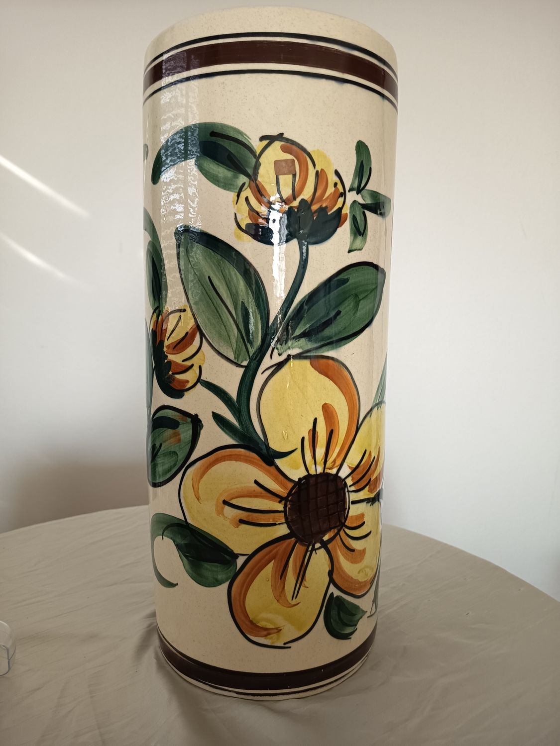 Vintage Keramik Schirmständer / Bodenvase 47 cm handbemalt Blumen Dekor 70er Jahre
