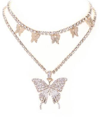 GOLD BLING LAYERED BUTTERFLY NECKLACE 