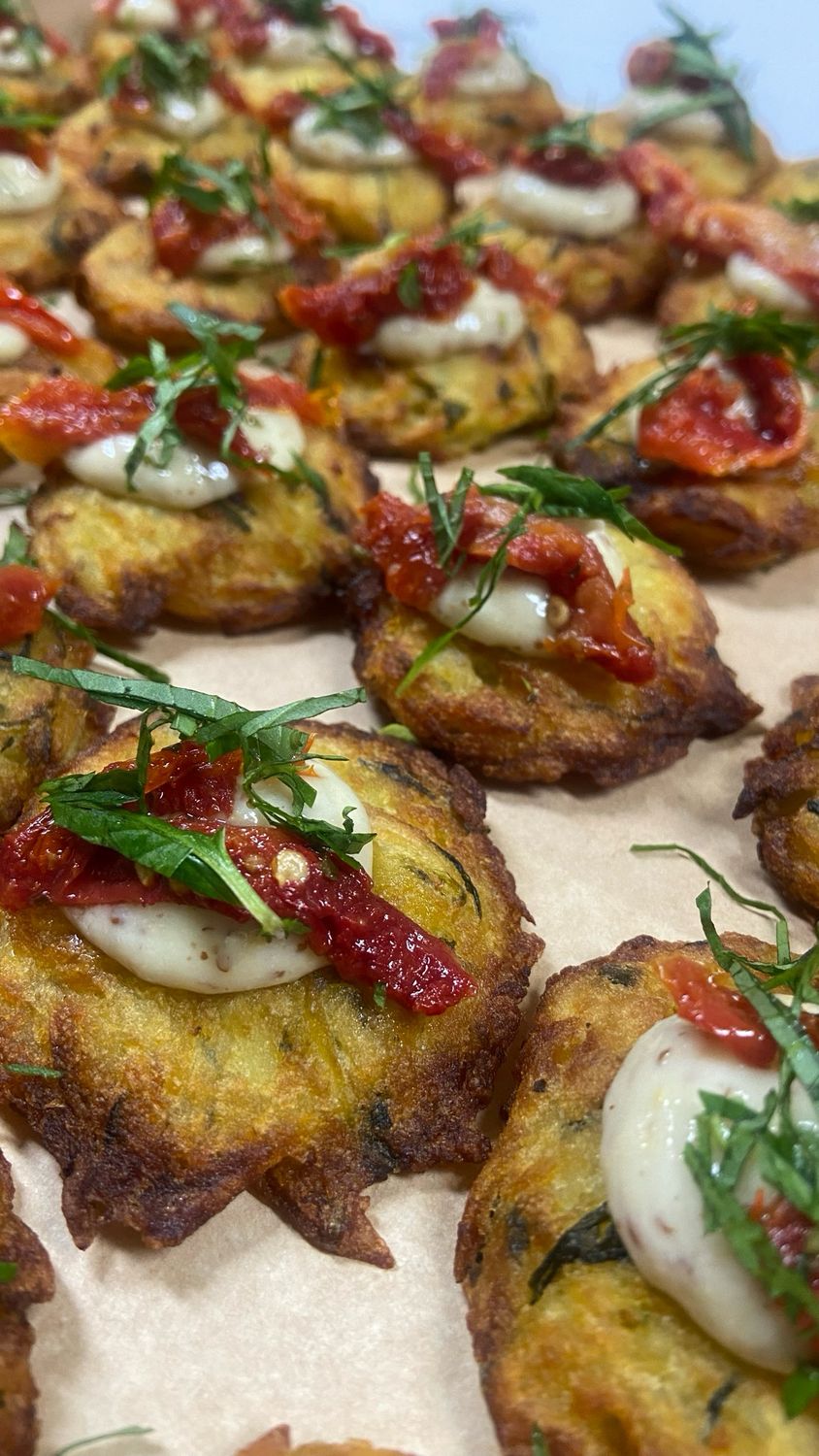 Potato Rosti, Grain Mustard Mayo, Sundried Tomato, Topped With Basil Chiffonade - GF