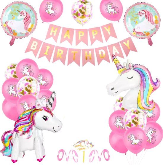 Unicorn Ballonnen Set - Happy Birthday Slinger - Eenhoorn Versiering Verjaardag - 28 items - Verjaardag Versiering - Unicorn Ballonnen - Fienosa - meisjes verjaardag - themafeest
