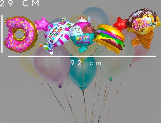 Zoete ballonen taart slinger - Donut, Gebak en Taart Thema - Ballonnen Verjaardag - Ballonnen Slinger - Happy Birthday Ballon - Donut Ballon - Hamburger Ballon - Fienosa