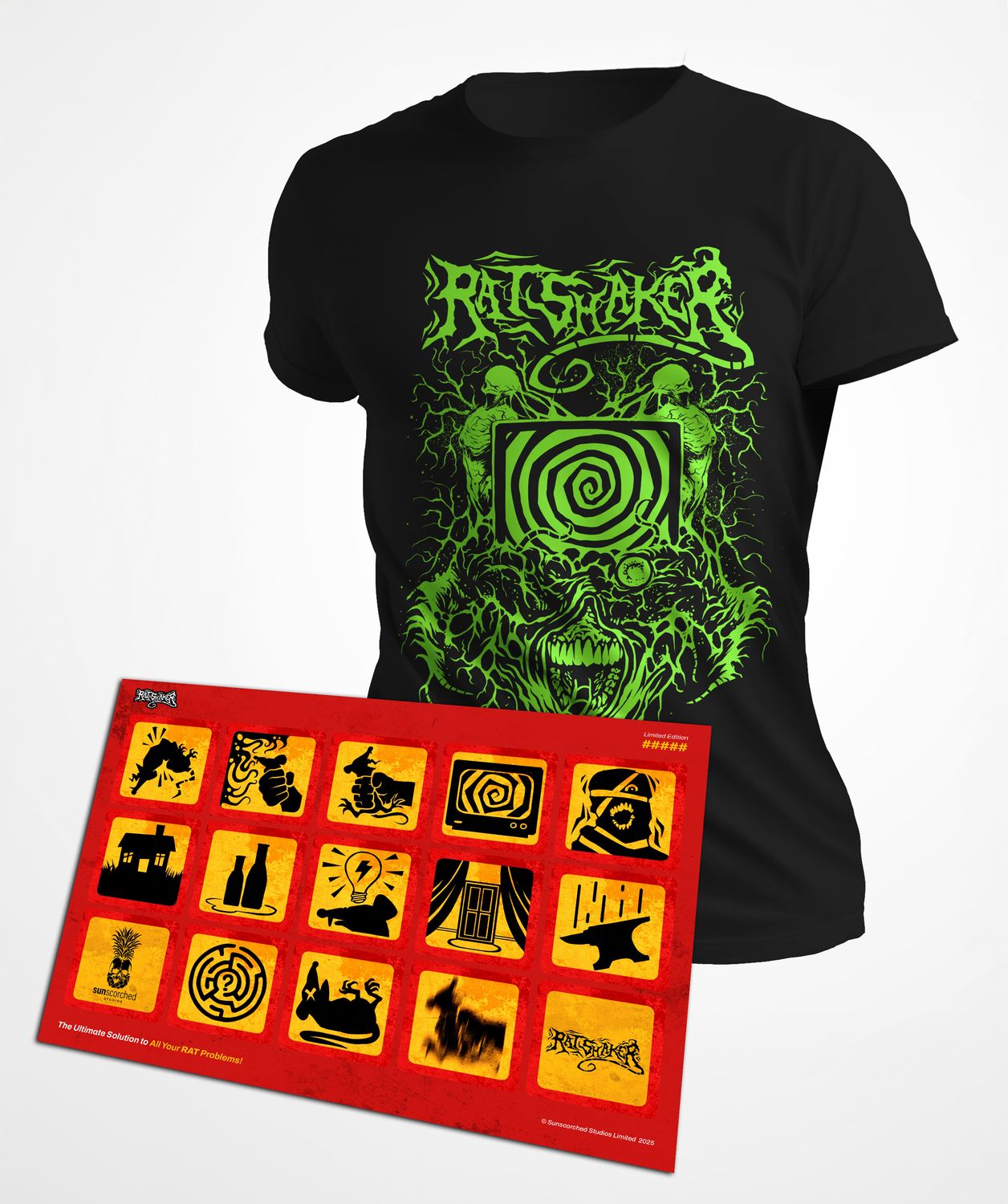 BUNDLE OFFER Limited run Toxic Frequency RATSHAKER™ T-shirt &amp;  Limited Edition Numbered Achievement Sticker Sheet