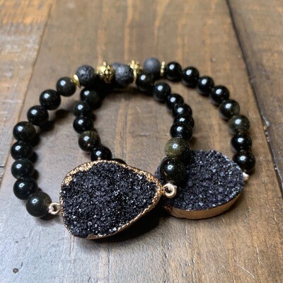 Gold & Black Obsidian Druzy Bracelet-10mm (7.75 Gold & Black Obsidian Druzy Bracelet-10mm (7.75