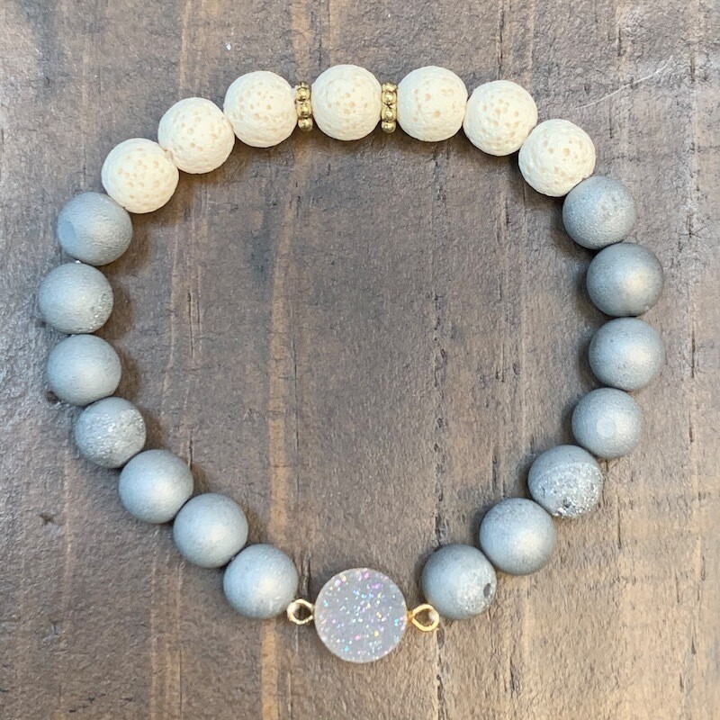 Grey Druzy & Lava Beads Bracelet-8mm Grey Druzy & Lava Beads Bracelet-8mm