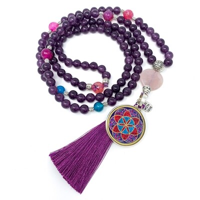 Amethyst & Rose Quartz, Flower Of Life Beaded Mala Necklace Amethyst & Rose Quartz, Flower Of Life Beaded Mala Necklace