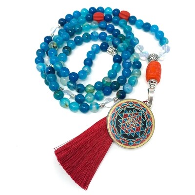 Sri Yantra Pendant, Blue Agate + Coral Beaded Mala Necklace