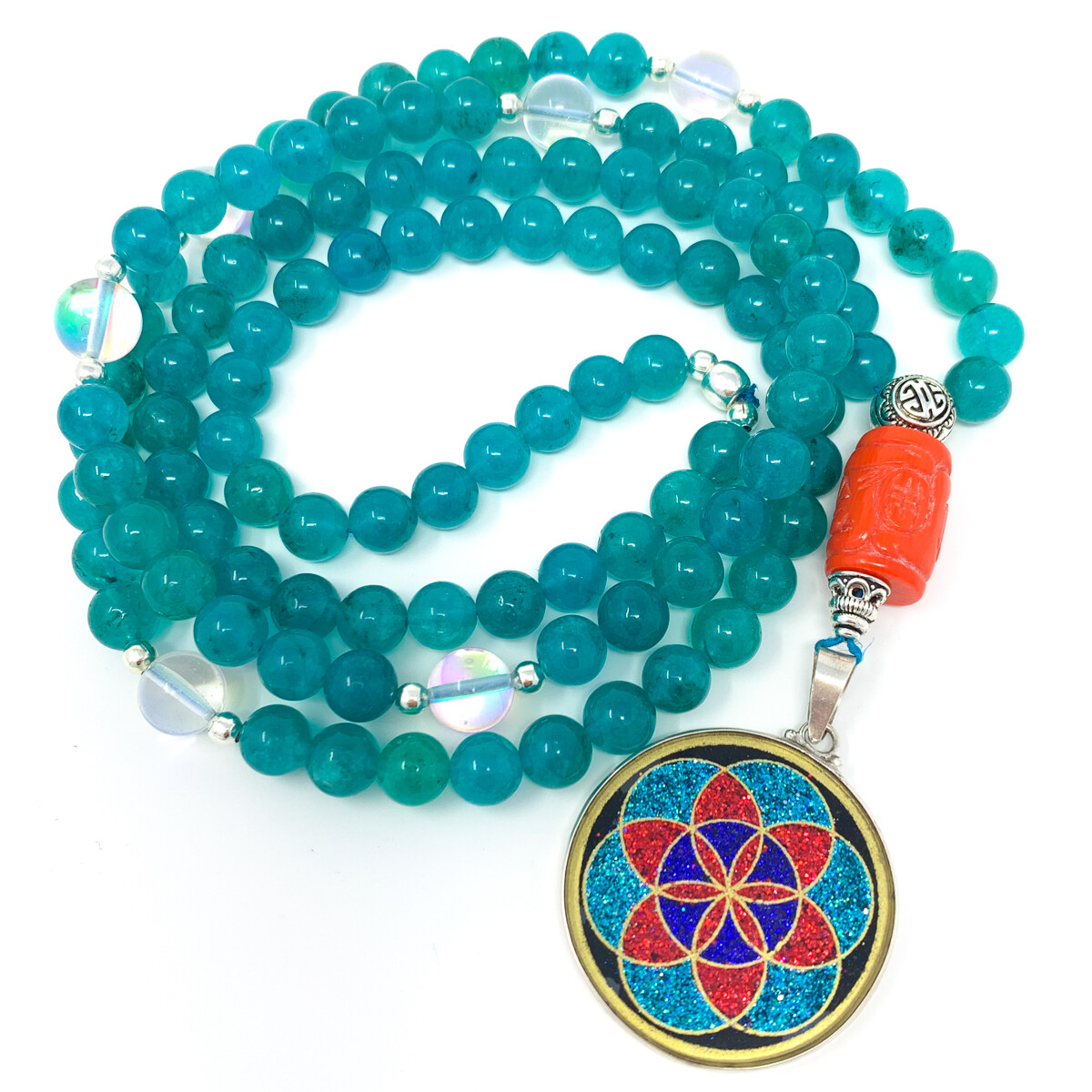 Teal Agate, Angel Aura & Coral Flower Of Life Mala Necklace