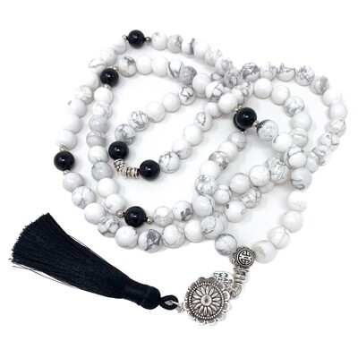 Howlite + Black Obsidian Beaded Mala Necklace