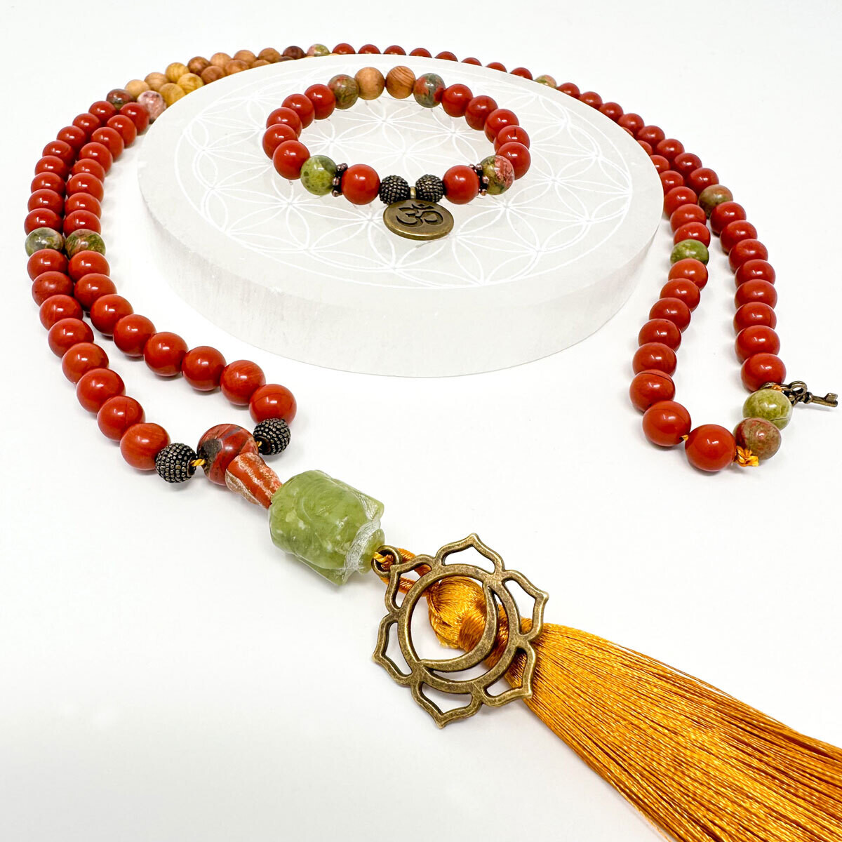 Sacral Chakra - Red Jasper & Unakite Mala & Bracelet Jewelry Set