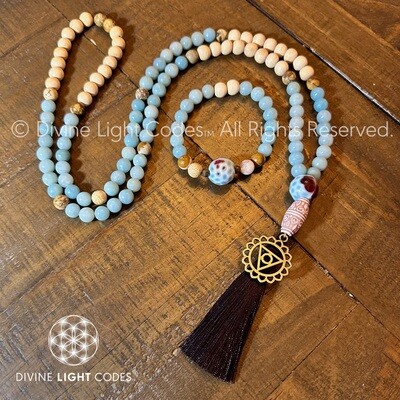 Throat Chakra - Amazonite & Picture Jasper Mala & Bracelet Set - Blessed Spiritual Jewelry