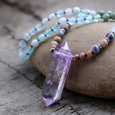 Amethyst Crystal Pendant - Beaded Necklace - Protection & Grounding