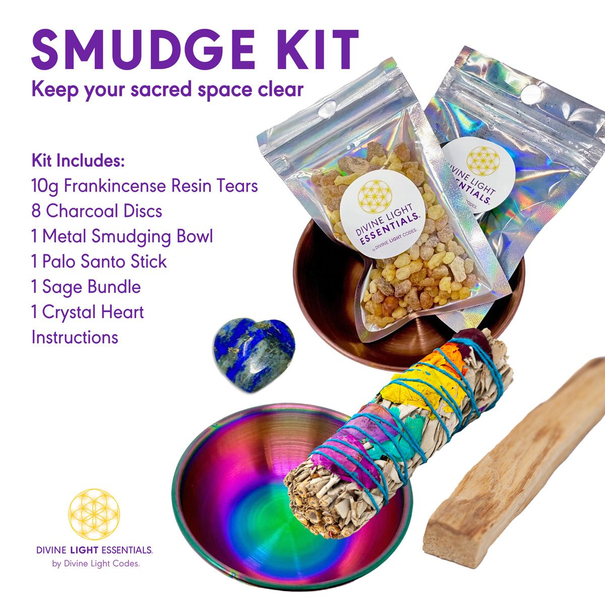 Smudge Protection Kits: Frankincense, Palo Santo & Sage, Kit Selection: Large Kit: 1 bag of frankincense resin, 8 charcoal discs, 1 sage bundle, 1 Palo Santo stick, 1 small crystal, 1 smudging bowl