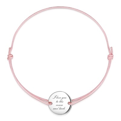 Silver plated bracelet with pink string and individual engraving
